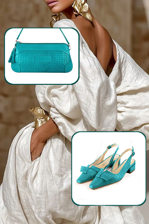 Dress slingback heels in turquoise blue leather with low block heels and tapered toe - Worn view